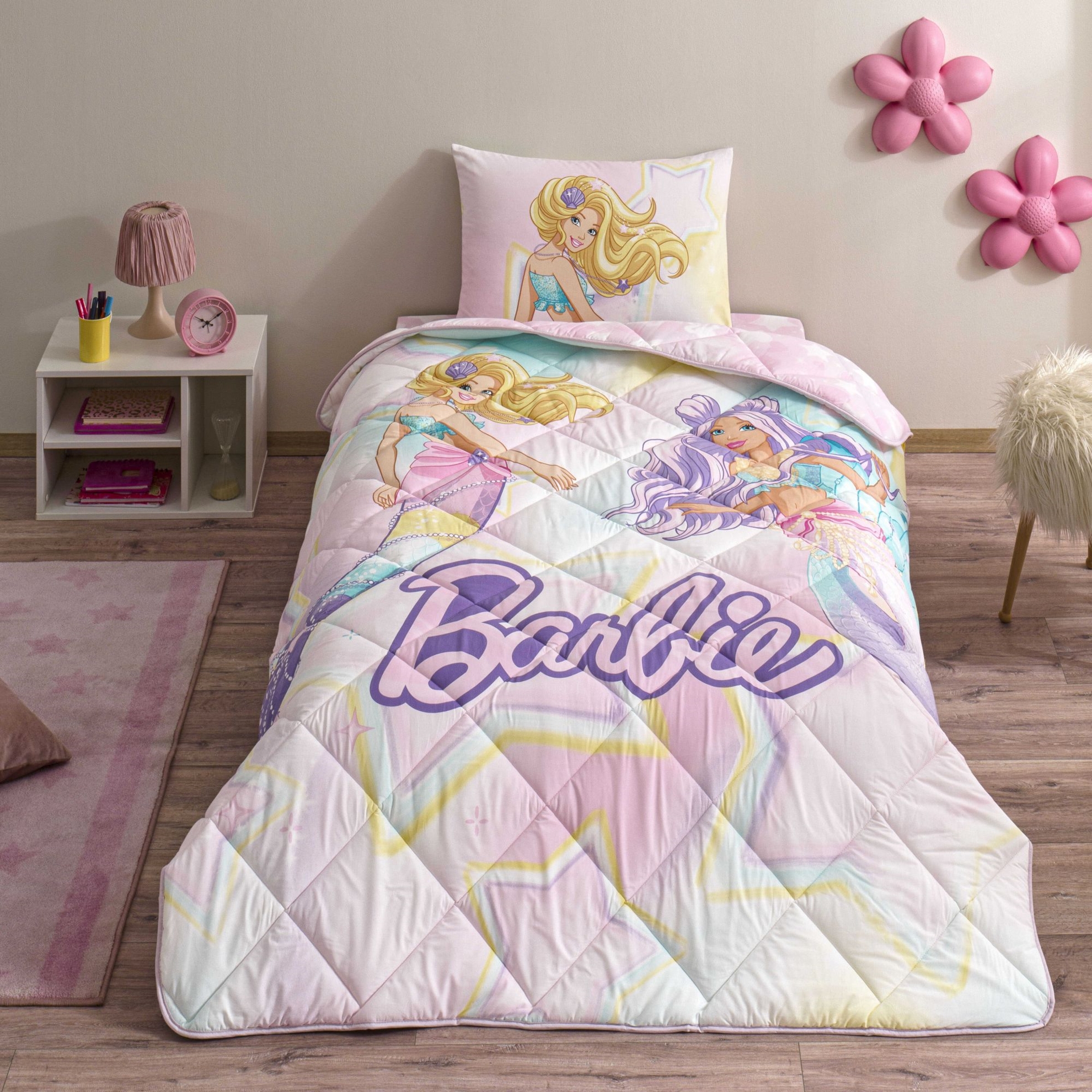 resm Taç Lisanslı Barbie Mermaid Tek Kişilik Pamuk Yorgan Seti
