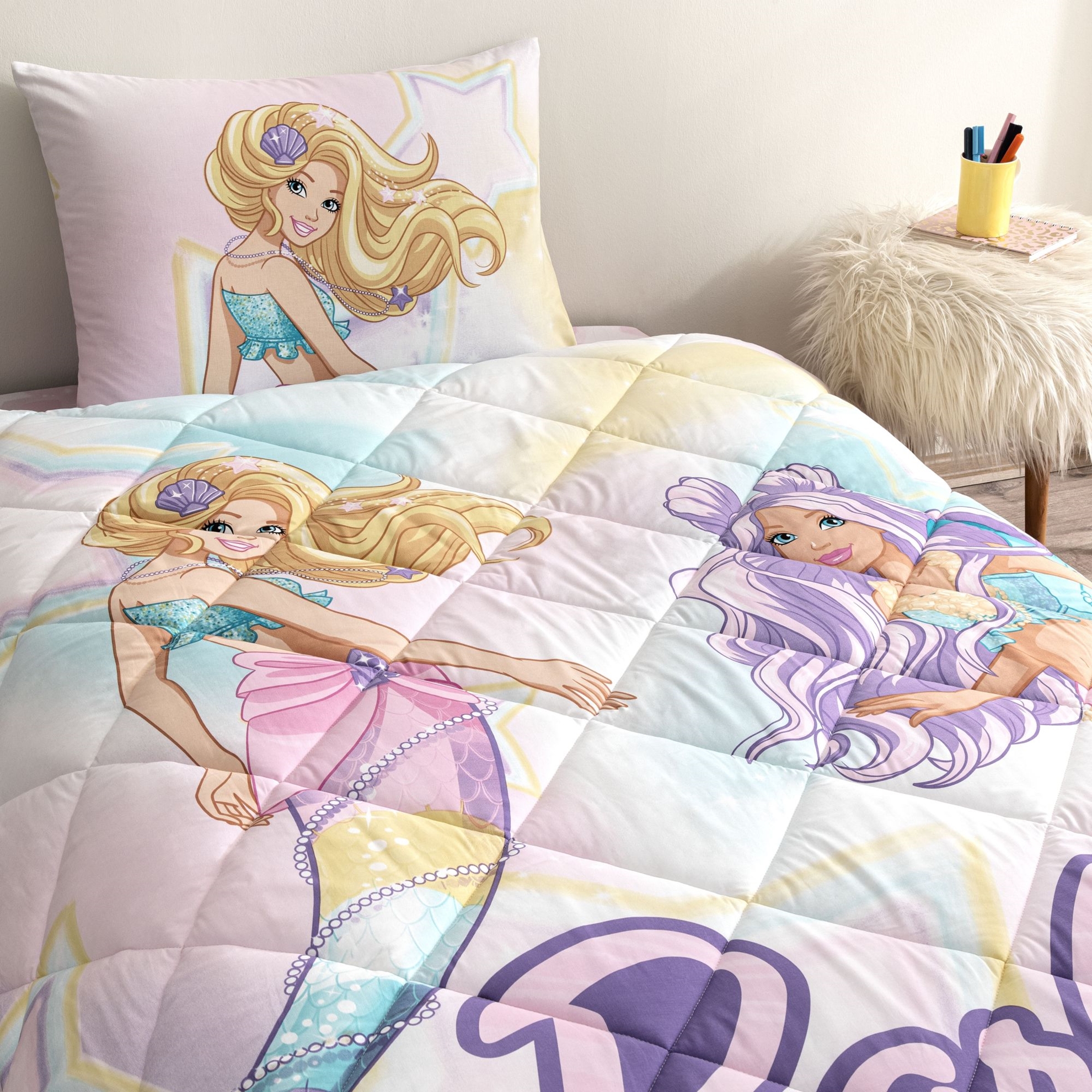 resm Taç Lisanslı Barbie Mermaid Tek Kişilik Pamuk Yorgan Seti