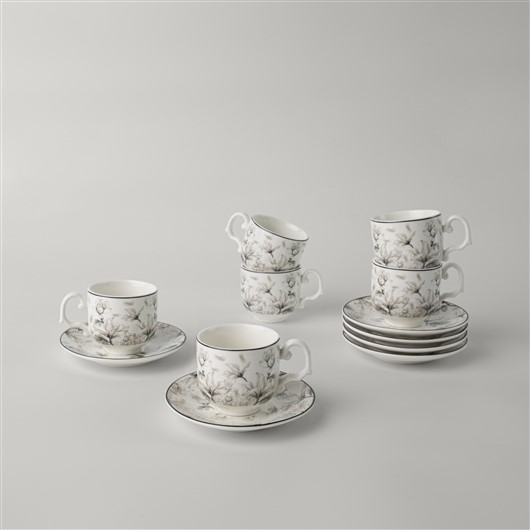 resm Linens Milio Porselen 6'lı 90 ml Kahve Fincan Takımı Siyah Beyaz Gold Detaylı