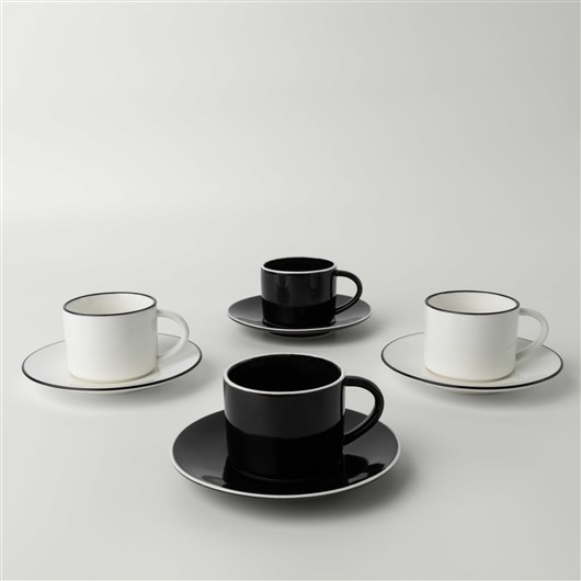 resm Linens Oset Porselen 4'lü 110 ml Kahve Fincan Takımı Siyah-Beyaz