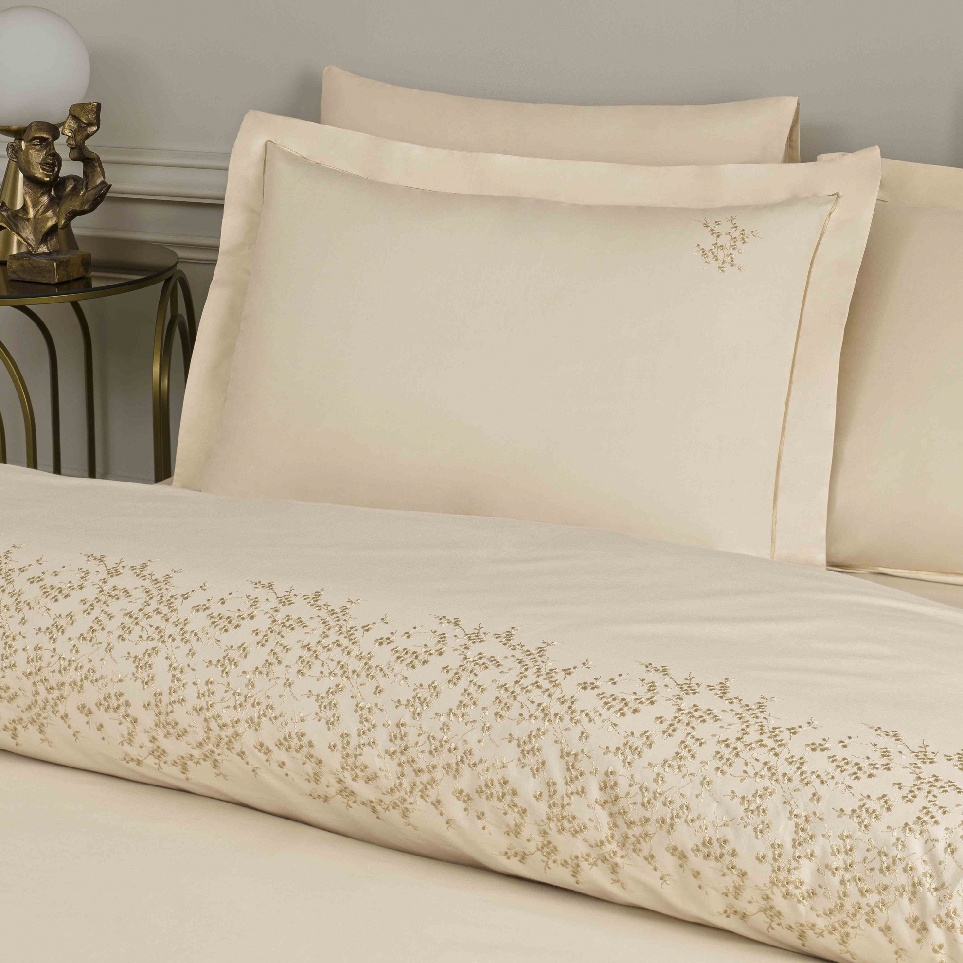 resm Linens Premium Zendea Pamuk Brode Çift Kişilik Nevresim Takımı Bej
