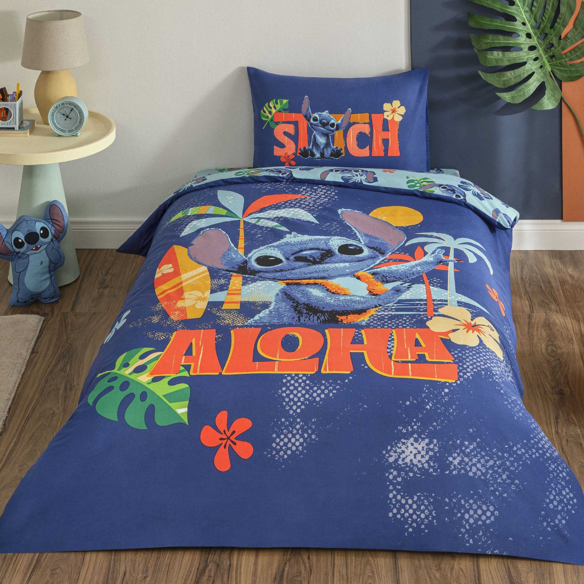 resm Taç Lisanslı Disney Stitch Aloha Tek Kişilik Pamuk Nevresim Takımı 100