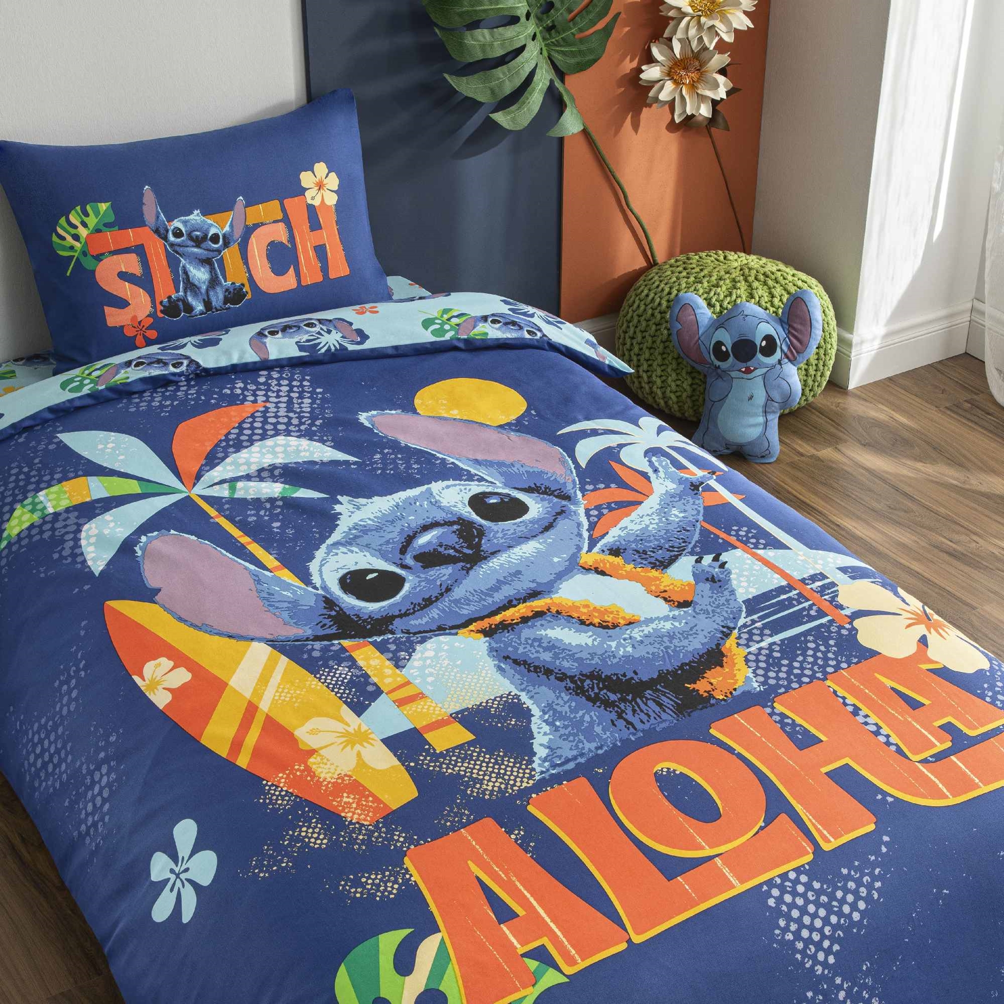 resm Taç Lisanslı Disney Stitch Aloha Tek Kişilik Pamuk Nevresim Takımı 100