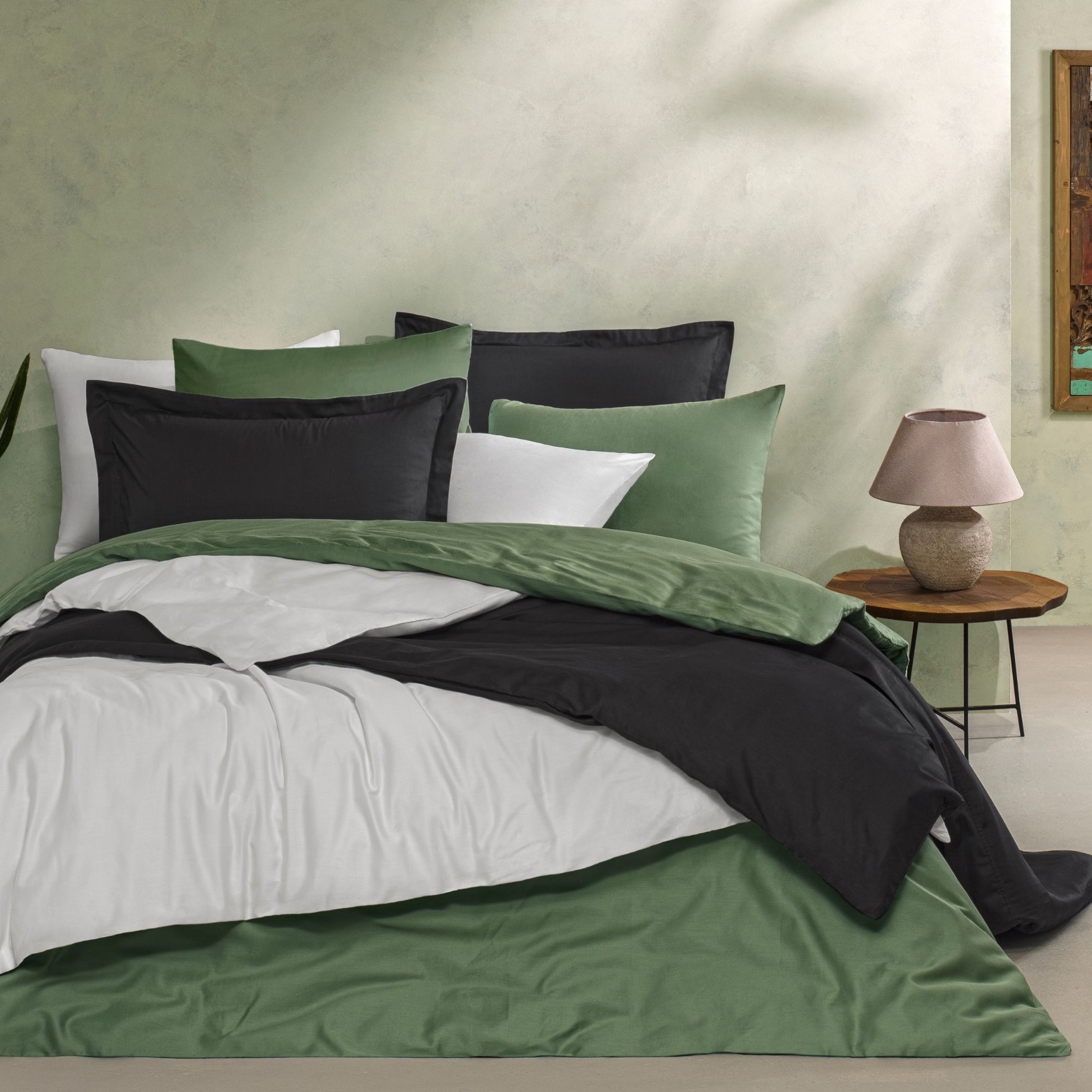 resm Linens Mix&Match Pamuk King Size Saten Nevresim Kılıfı Koyu Yeşil