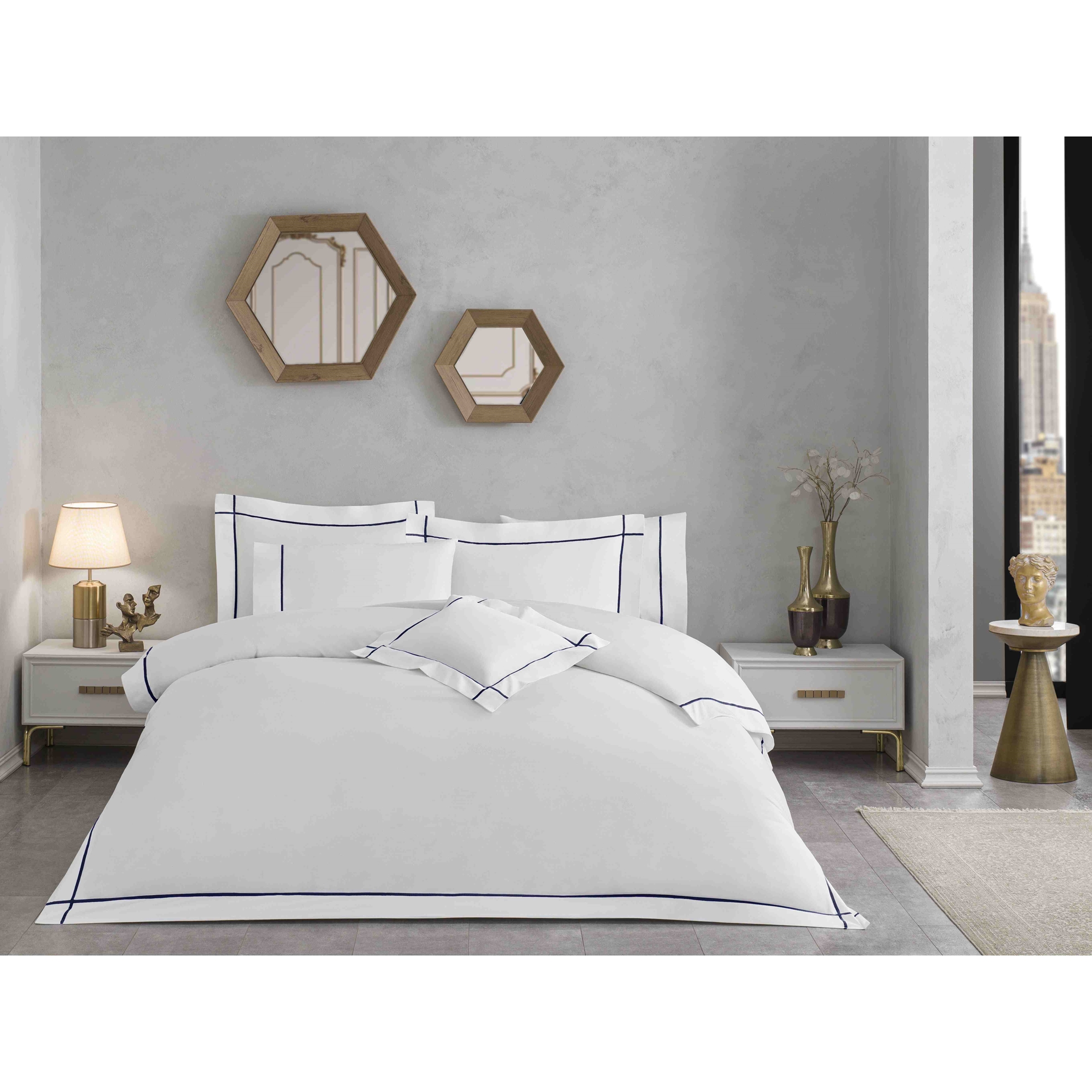 resm Valeron Mono Saten Süper King Nevresim Takımı Lacivert