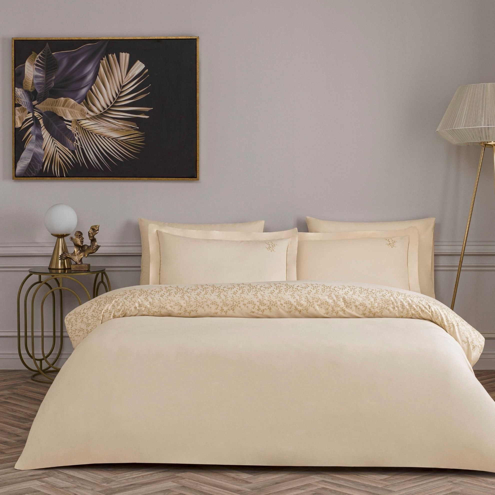 resm Linens Premium Zendea Pamuk Brode Çift Kişilik Nevresim Takımı Bej