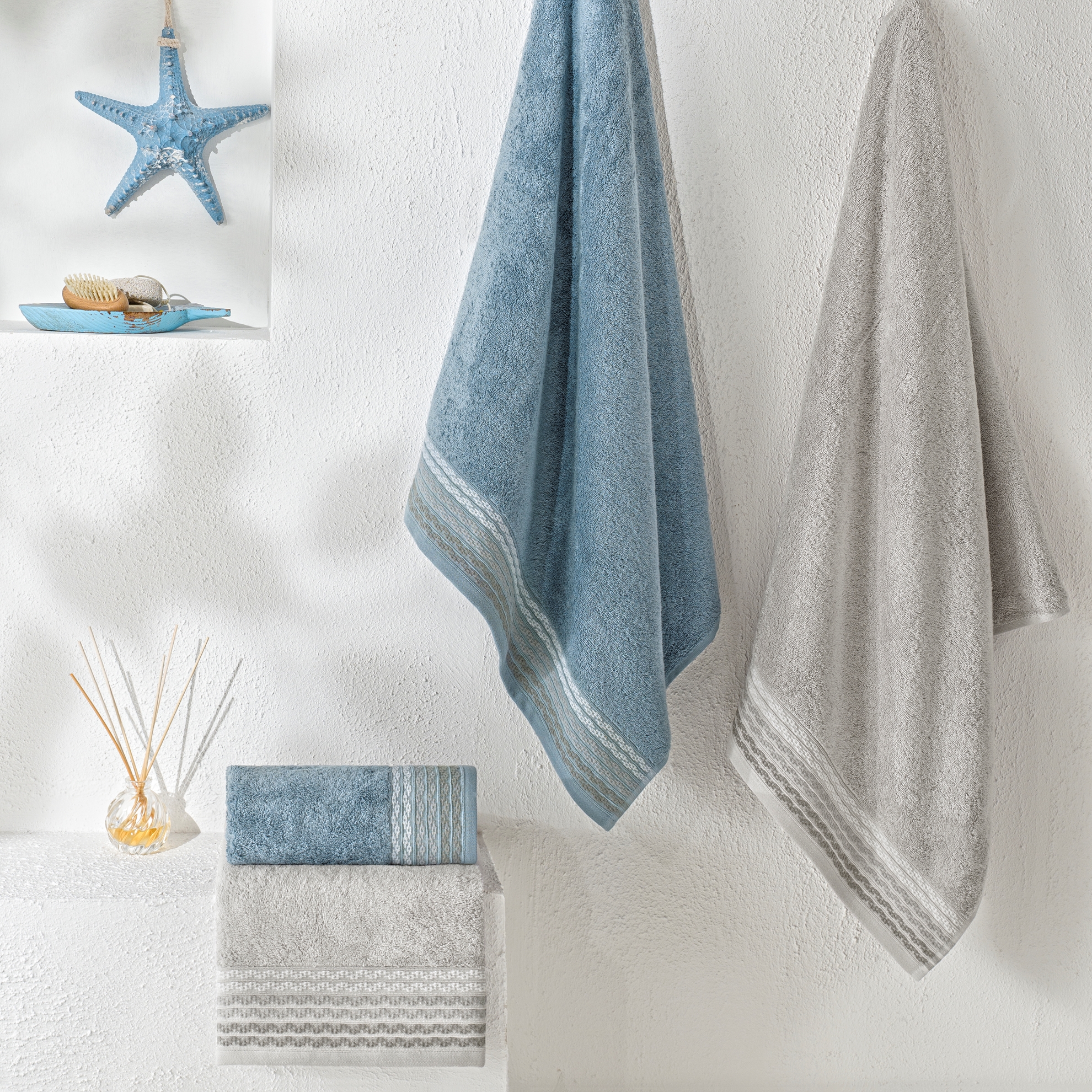 resm Taç Art Pure Cotton Pamuk Hamam Seti Gri Mavi