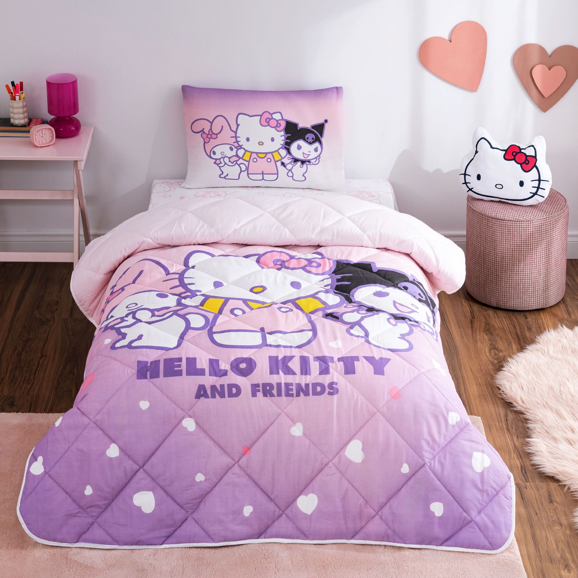 resm Taç Lisanslı Hello Kitty & Friends Tek Kişilik Pamuk Yorgan Seti