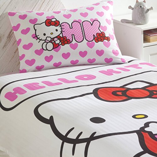 Resim Taç Lisanslı Hello Kitty Love Tek Kişilik Pamuk Pike Takımı