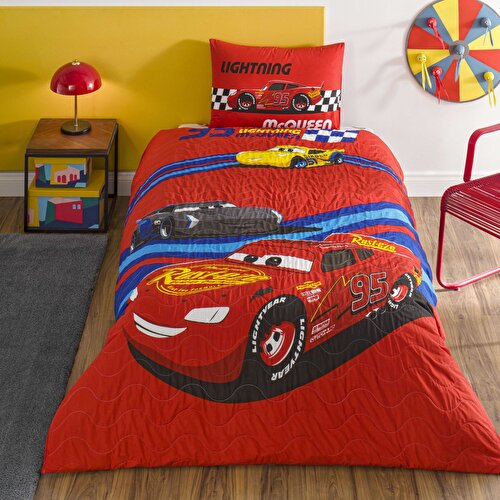Resim Taç Lisanslı Disney Cars Race Track Tek Kişilik Pamuk Complete Set