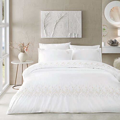 Resim Linens Premium Chıffon Pamuk Brode Süper King Nevresim Takımı Beyaz