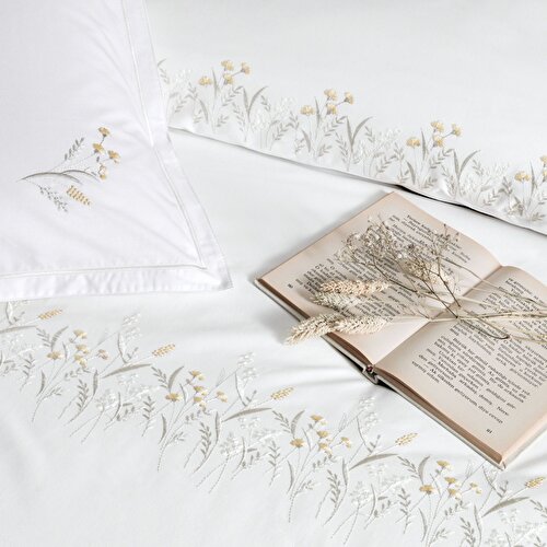 Resim Linens Premium Chıffon Pamuk Brode Süper King Nevresim Takımı Beyaz