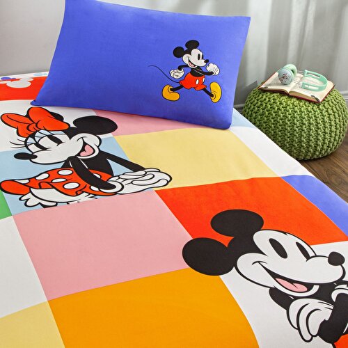 Resim Taç Lisanslı Disney Mnnie & Mickey Tek Kişilik Pamuk Nevresim Takımı