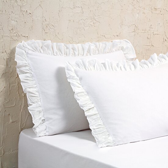 Linens White Collection Casual Pamuk Jakar 2'li Volanlı Yastık Kılıfı Seti Beyaz