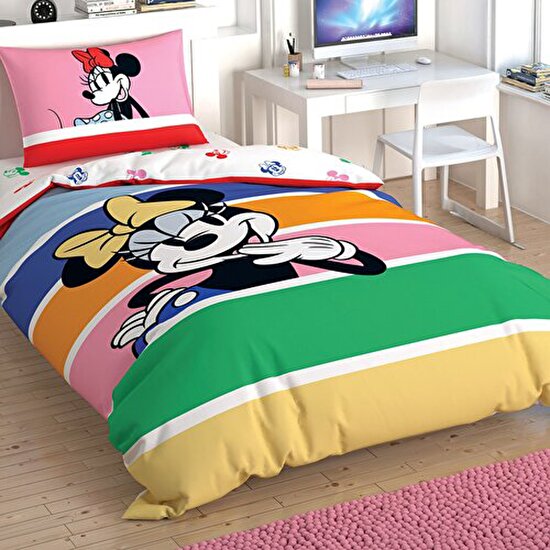 Taç Disney Minnie Mouse Rainbow Pamuk Nevresim Takımı