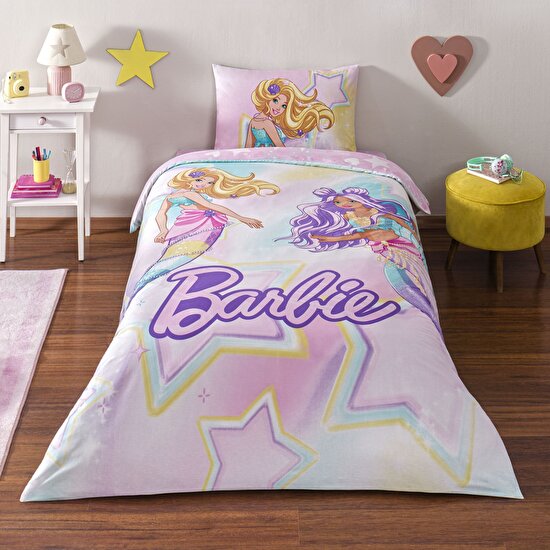 Taç Lisanslı Barbie Mermaid Tek Kişilik Pamuk Nevresim Takımı