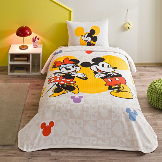Taç Lisanslı Disney Minnie&Mickey BotanicTek Kişilik Pamuk Pike Takımı