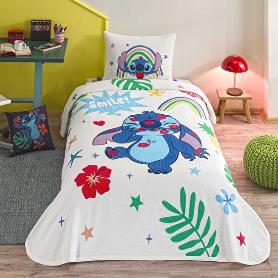 Taç Lisanslı Disney Stitch Tek Kişilik Pamuk Pike Takımı