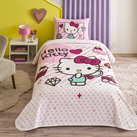 Taç Lisanslı Hello Kitty Cake Tek Kişilik Pamuk Pike Takımı
