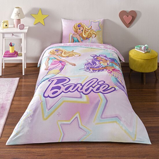 Taç Lisanslı Barbie Mermaid Tek Kişilik Pamuk Nevresim Takımı