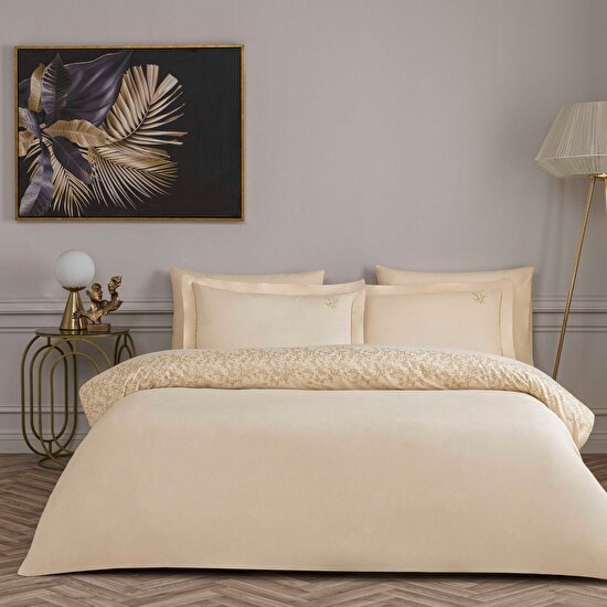 Linens Premium Zendea Pamuk Brode Çift Kişilik Nevresim Takımı Bej